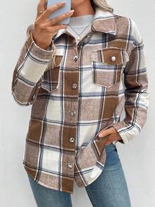 EMERY ROSE Plus Size Women's Plaid Thermal Lined Casual Commuter Fashion French Elegant Street Vintage Versatile Holiday Business Apricot Autumn/Winter Long Sleeve Jacket Regular Outerwear - Mocha Brown - View 6