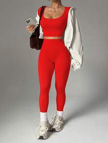 Slayform Women's Solid Color Minimalist Seamless Elastic Sports Set - Red - View 3