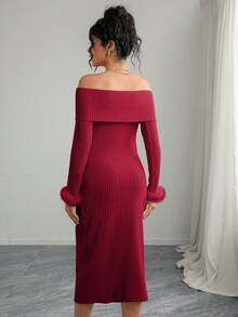 SHEIN Maternity Long Sleeve Fuzzy Off-Shoulder Bodycon Dress - Burgundy - View 2