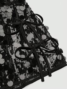 Sweetra 女士纯色亮片A字迷你裙，优雅，适合派对、约会，可爱，侧边蝴蝶结装饰，四季皆宜，夏季，黑色短裙 - 黑色 - 查看 5