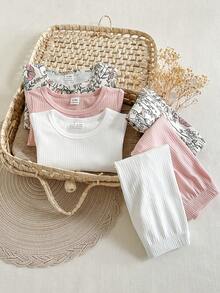 SHEIN Bộ 3 áo liền quần cổ tròn in họa tiết hoa toàn thân cho bé gái và quần legging gân màu tương phản - Nhiều màu - Xem 5