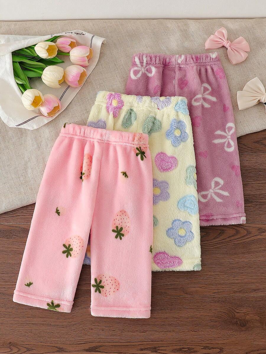 SHEIN 3件套女婴休闲草莓蝴蝶结花朵图案毛绒裤 - 彩色 - 查看 1