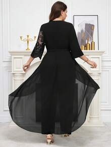 Reflora Plus Size Solid Color Round Neck Raglan Sleeve Waist Cinched Lace Patchwork Jumpsuit - Black - View 7