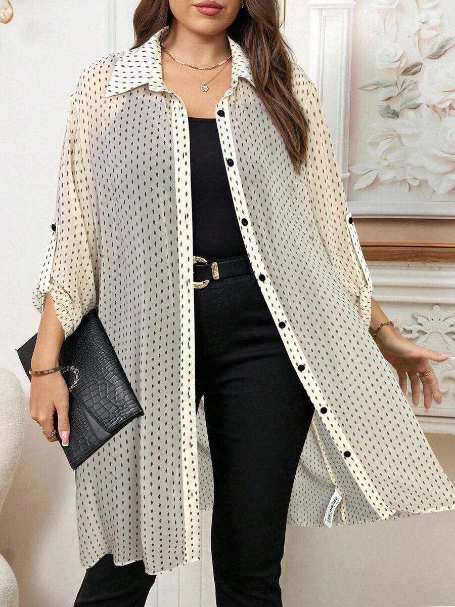 Áo sơ mi tay dài in chấm bi cỡ lớn cài nút phía trước, giản dị cho mùa thu - Màu Khaki - Xem 1