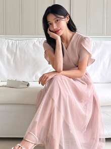 DAZY Đầm midi tay cánh hoa phối lưới dành cho nữ. - Hồng - Xem 3