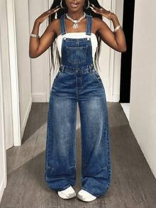 Slaydiva 女士休闲水洗宽松牛仔背带裤 - 中等水洗藍 - 查看 7