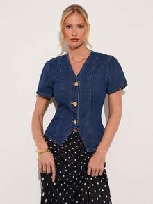 COSMINA Denim 女士优雅V领短袖牛仔衬衫，通勤和日常穿着皆宜，四季皆可 - 中等水洗藍 - 查看 5