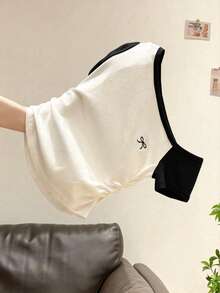 INAWLY 女士性感肩部刺绣短袖T恤，褶皱腰部修身款上衣 - 黑與白 - 查看 5