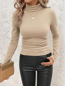 SHEIN Clasi 女士休闲杏色罗纹加绒高领修身加厚长袖T恤，适合秋冬季节，百搭实用 - 卡其色 - 查看 7