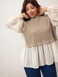 Enliva 2026新年新款加大码女式条纹撞色A字宽松长袖T恤，适合苹果型和圆润身材 - 杏色 - 查看 4