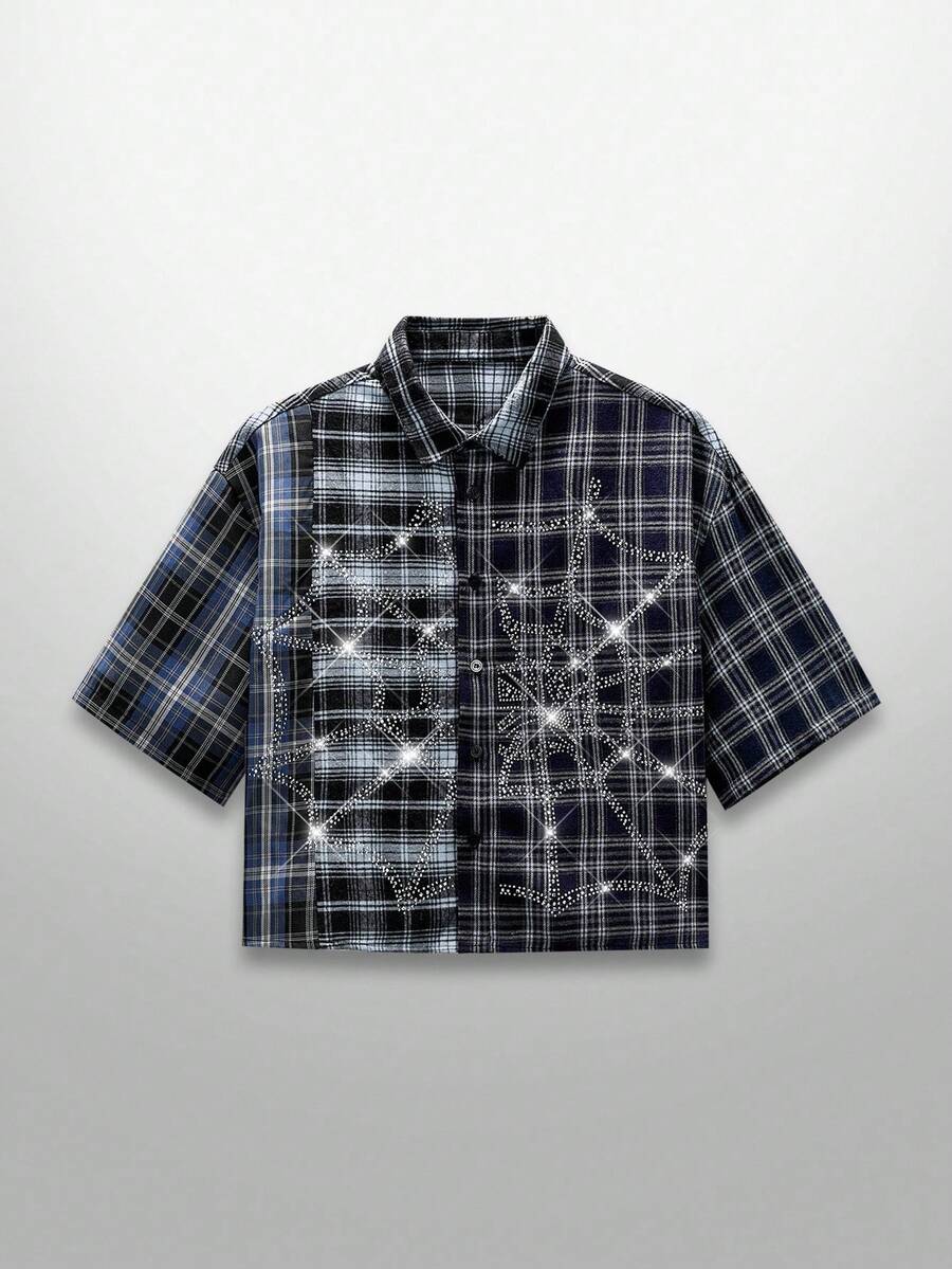 NEON BLANC Camisa masculina de manga curta com estampa de teia de aranha de Halloween. - Azul marinho - Ver 1