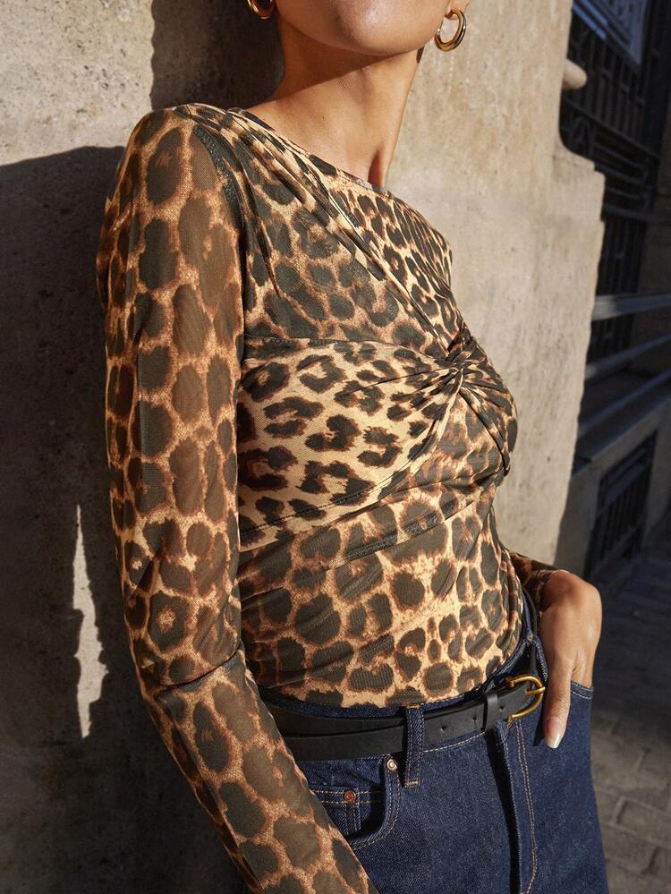 SHEIN Maija Women's Leopard Print Crew Neck Long Sleeve Twist Front Fitted Top, Fall Chic Autumn Costumes Christmas New Year Brown Leopard Print Top