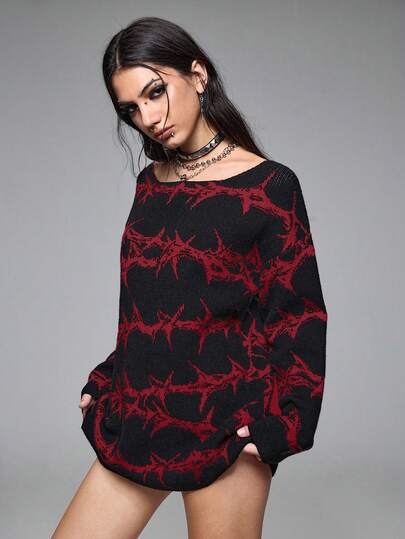Grunge Punk Herbst/Winter Mode Punk Dornenmuster Loose Pullover Sweater