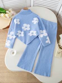 SHEIN 2pcs/Set Girls Floral Sweater & Flared Pants, Autumn/Winter - Blue - View 2