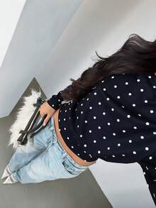 Glamine Simple Polka Dot Knit Long Sleeve Hollow Back Sweatshirt For Women, Daily Wear - Navy Blue - View 4