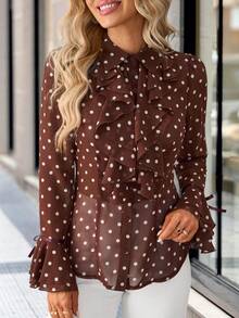 Solivie Damen Polka Punkt Muster Patchwork Volant Glockenärmel Braun Elegante Bluse, Elegante Bluse Frühling - Verschiedenfarbig - Übersicht 4