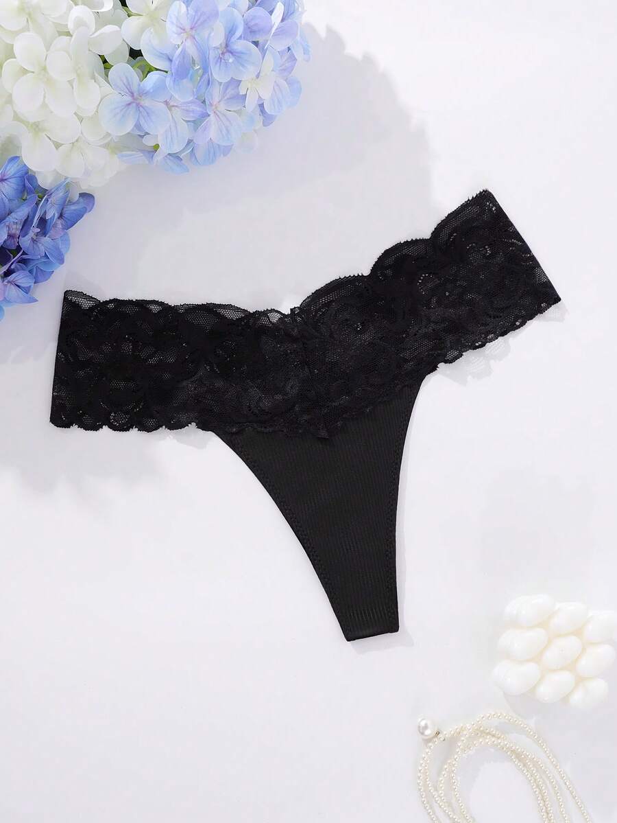 SHEIN 女士蕾丝丁字裤性感内衣 - 黑色 - 查看 1