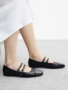 CUCCOO BIZCHIC 女士方头搭扣设计休闲日常百搭平底鞋 - 黑色 - 查看 4