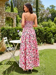 KARISMINA 女士优雅印花扭结镂空高开衩连衣裙，浪漫假日连衣裙，度假装，红色连衣裙 - 粉色 - 查看 7