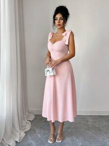 SHEIN Elenzya Sleeveless Spaghetti Strap Tie Bow Knot Ruched Bust A-Line Elegant Romantic Sophisticated Women Dress, Chiffon Fabric - Pink - View 5