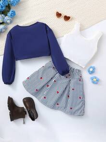 3pcs Tween Girls Casual Long Sleeve Crop Top, Sleeveless Solid Top And Mini Skirt Co-Ord Set - Multicolor - View 2