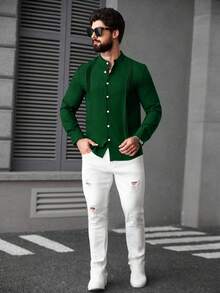 Manfinity CasualCool 男士休闲纯色前开襟衬衫，秋季款 - 綠色 - 查看 4