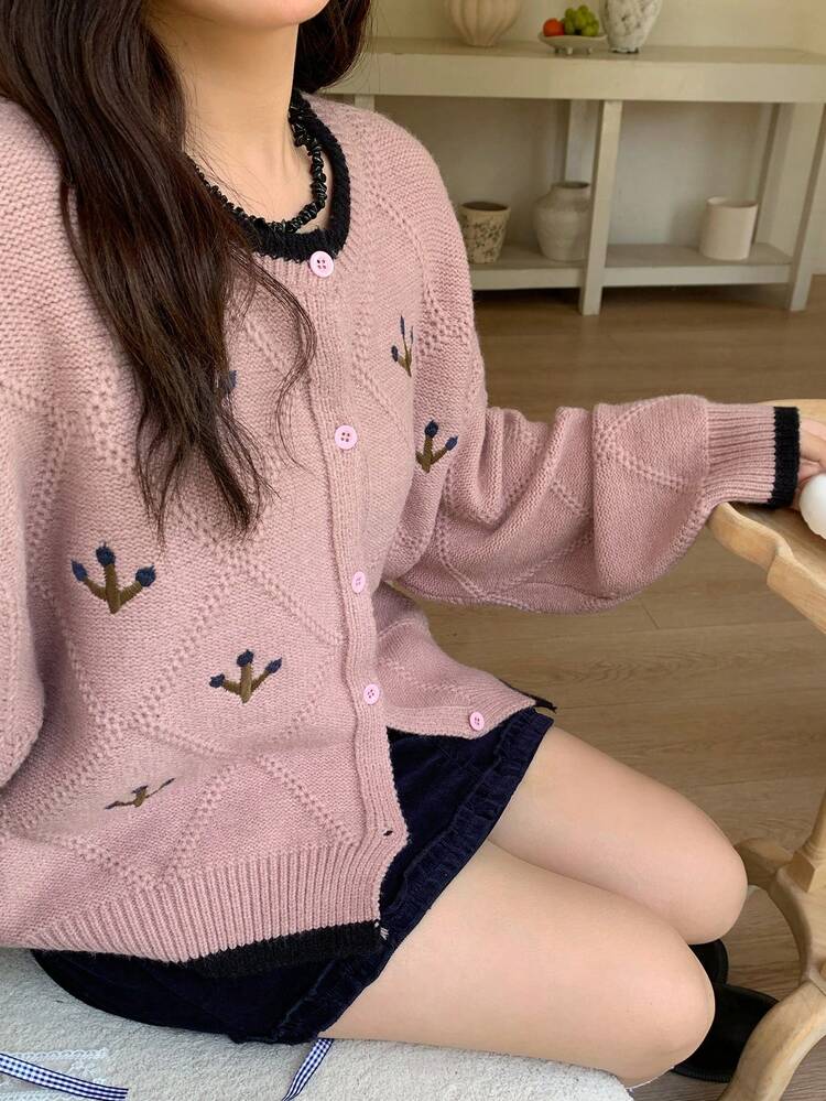 Dazy Plus Contrast Color Patchwork Jacquard Pattern Round Neck Loose Casual Sweater Cardigan, Plus Size For Women, Autumn/Winter