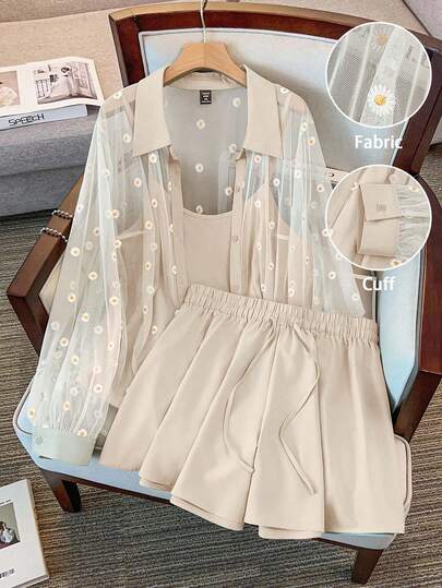 GlowEve CURVE 大码女式网纱刺绣镂空衬衫、纯色吊带背心和短裤三件套，优雅清新，适合夏季日常穿着