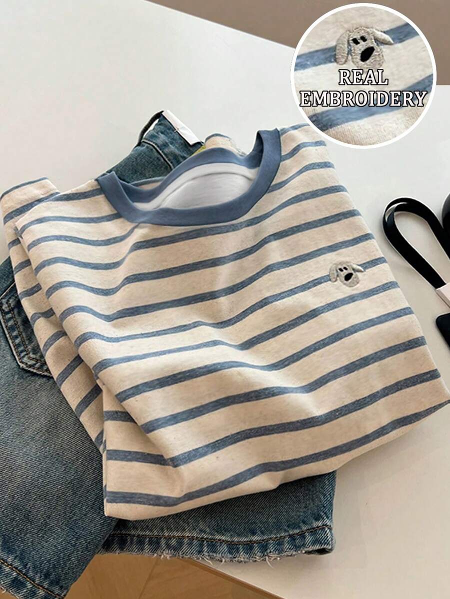 Resyla 女士卡通狗刺绣条纹圆领短袖休闲宽松T恤 - 彩色 - 查看 1