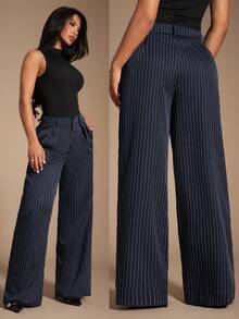 Radiana Women's Minimalist Modern Navy Blue Striped Suit Pants, High Waist Trousers, Blue Pants, Striped Pants, Oversized Wide Leg Pants, Casual Pants, Business Pants, Suitable For Casual Outings, Business, Office, Commuting, Formal Occasions Stripe Pants Navy Blue Pants Palazzo Pants Women Pleated Pants - Blue - View 1