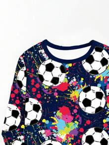 男童夜光足球印花睡衣套装，包括圆领印花上衣和松紧腰紧身裤，舒适睡衣 - 藏蓝色 - 查看 5