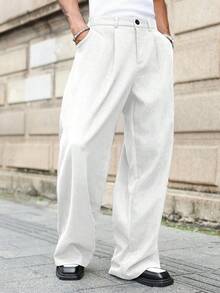 Manfinity Roghcode Plus Size Men's Casual Everyday Workwear Loose Fit Solid Color Slant Pocket Wide Leg Pants White Baggy Pants Men White Pants White Sweat Pants Japanese Pants Men Men White Linen Pants - White - View 5