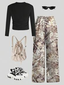 SHEIN ChillGRL 女童67号印花上衣和直筒工装裤套装（2件套），时尚休闲街头风 - 黑色 - 查看 6