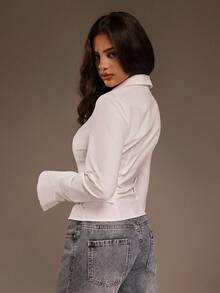SHEIN ICON Y2k Women's White Solid Color Waist-Cinched V-Neck Long Sleeve Blouse,White Shirt - White - View 2