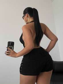 POPSWAY Plus Size Women Sexy Bodysuit With Metal Chain Decor, Fitted - Black - View 2