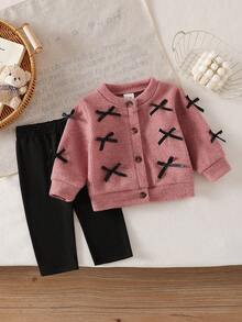 SHEIN Newborn Casual Autumn/Winter Fashion Knitted Bow Jacket And Solid Color Pants Set - Pink - View 3