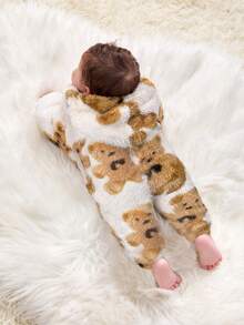 SHEIN Bộ đồ liền thân có mũ trùm đầu mềm mại họa tiết hoạt hình dễ thương cho bé gái sơ sinh, mùa thu/đông - Nhiều màu - Xem 2