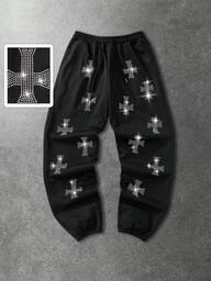 Men's Drawstring Waist Cross Rhinestone Decor Casual Everyday Commute Sweatpants, Suitable For Autumn/Winter