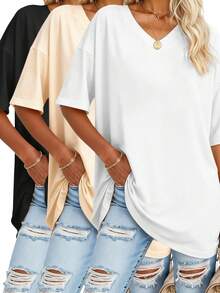 EMERY ROSE Plus Size Solid Half Sleeve T-Shirt, Casual V Neck T-Shirt For Summer, Women's Plus Size Clothing Graphic Tees Women Tops