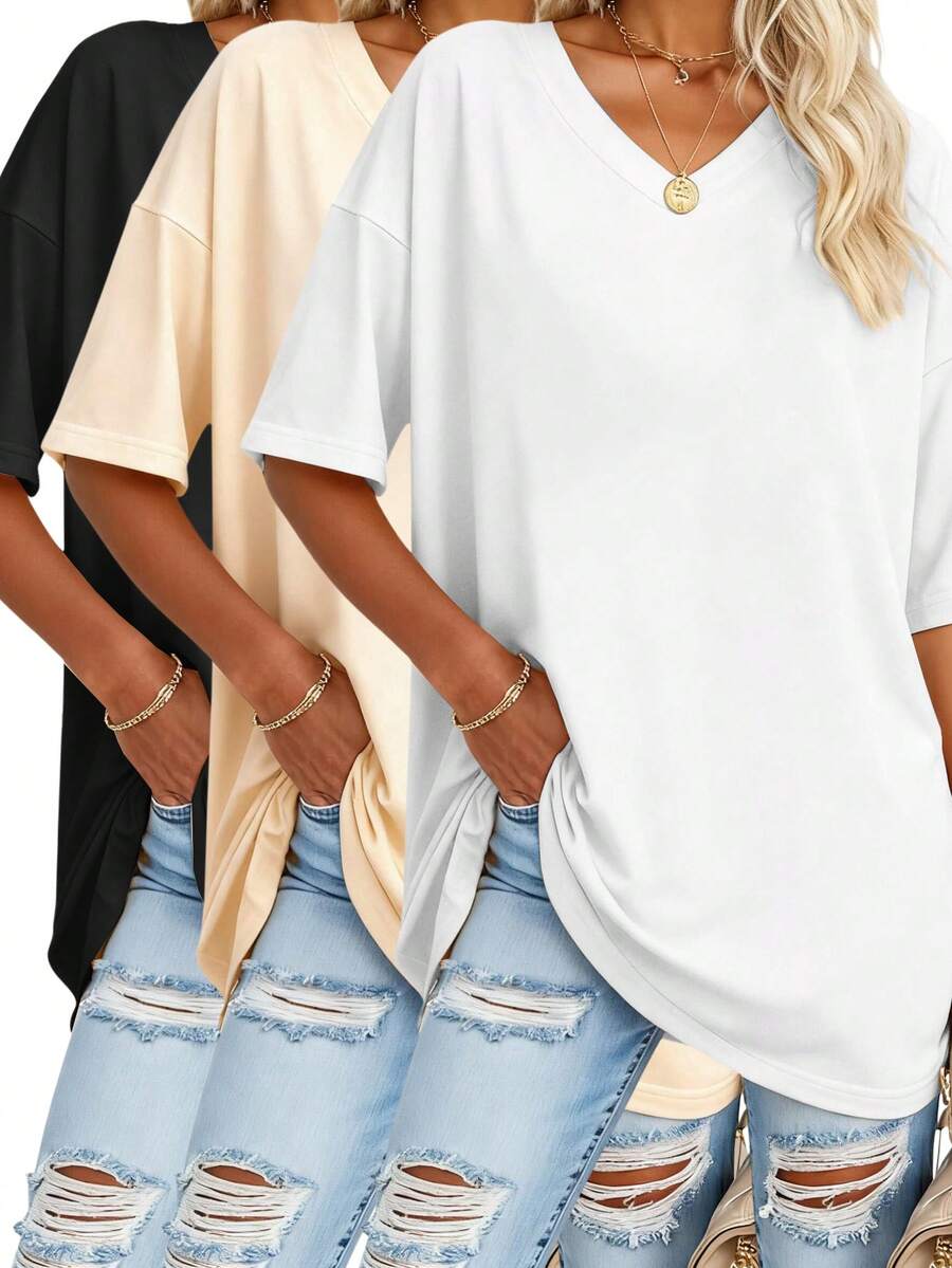 EMERY ROSE Plus Size Solid Half Sleeve T-Shirt, Casual V Neck T-Shirt For Summer, Women's Plus Size Clothing Graphic Tees Women Tops