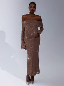 Cheriluna Maternity Maternity Photoshoot Long Sleeve Off-Shoulder Fitted Metallic Maxi Dress - Chocolate Brown - View 3