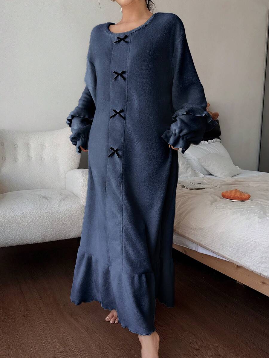 SHEIN Camisón de mujer de unicolor con decoración de lazo, volantes y mangas abullonadas - Azul Marino - Ver 1