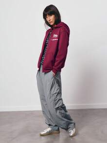 SURIMA Casual Red Violet Zip Up Knitted Hoodie With Random Print Long Raglan Sleeves And Tight Hem For Women - Red Violet - View 4