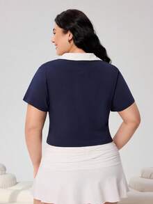 SHEIN EZwear 大码撞色领短款 T 恤，夏季 - 藏蓝色 - 查看 2
