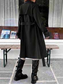 SHEIN EZwear 秋冬女士纯色前扣长袖休闲衬衫 - 黑色 - 查看 2