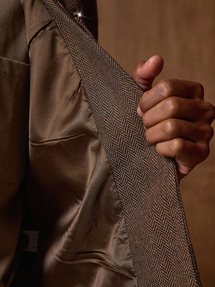 メンズマンダリンカラー長袖ブレザーとパンツのカジュアルスーツセット、結婚式用メンズドレス、ブラウンスーツ、メンズオフィスウェア、メンズラグジュアリークロージング、メンズ70年代スタイル