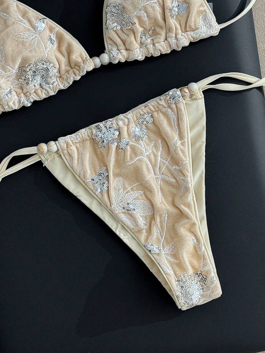 Swim Vcay Women's Sexy Swimsuit Bottom, Special Fabric Details, Embroidery Technique, Sequin Accents, Adjustable Side Tie - Multicolor - View 1