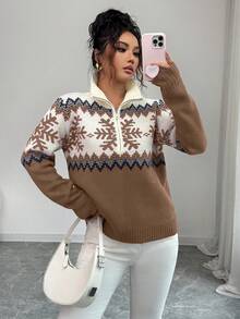 SHEIN Elenzya Sweater Wanita Elegan, Motif Fair Isle, Sweater Resleting Kombinasi Warna, Motif Natal, Sweater Musim Gugur/Musim Dingin - Khaki - View 5