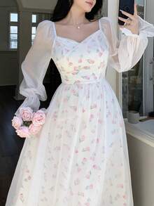 Feyla 女士郁金香印花优雅长袖中长连衣裙 - 彩色 - 查看 3