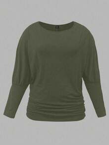 SHEIN LUNE Women's Plus Size Casual Solid Color Crew Neck Long Sleeve Knit T-Shirt, Autumn/Winter - Army Green - View 1